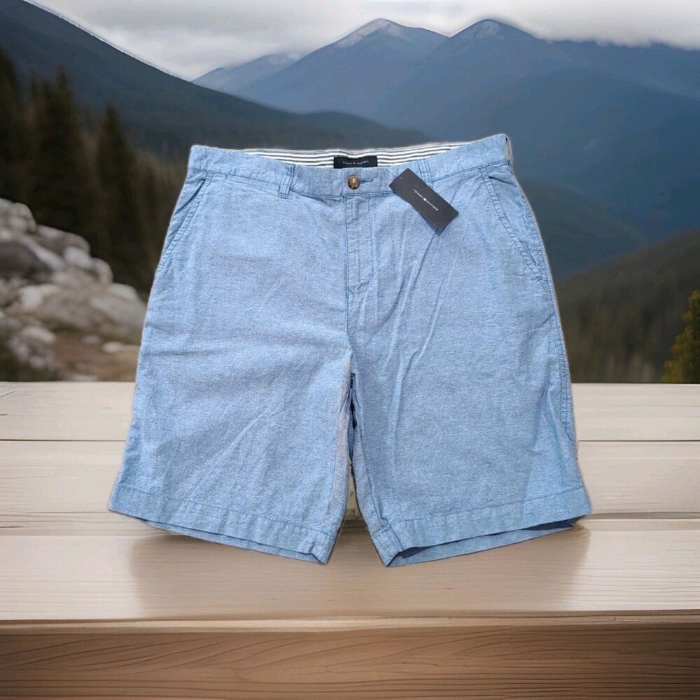 TOMMY HILFIGER DENIM CHAMBRAY BERMUDA SHORTS BLUE FLAT FRONT MEN'S SIZE 38  NWT
